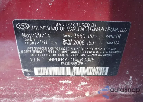 2014 Hyundai Elantra Se z USA, uszkodzony, nr VIN 5NPDH4AE4EH543888